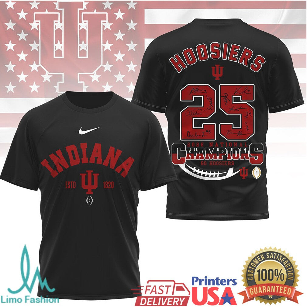 Indiana Hoosiers 2026 National Champions Football T Shirt Go Hoosiers Signed Roster Commemorative T Shirt - Limotees LLC