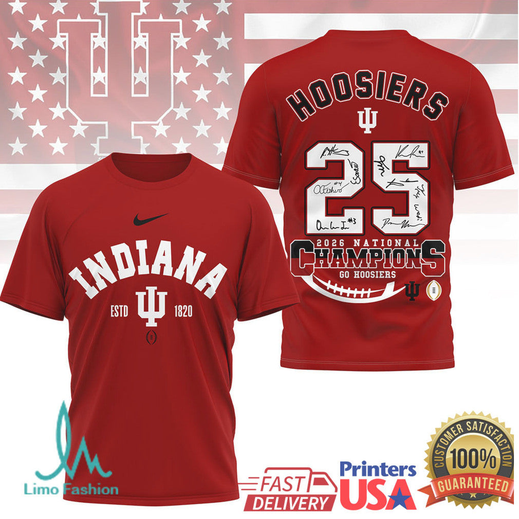 Indiana Hoosiers 2026 National Champions Football T Shirt Go Hoosiers Signed Roster Commemorative T Shirt - Limotees LLC