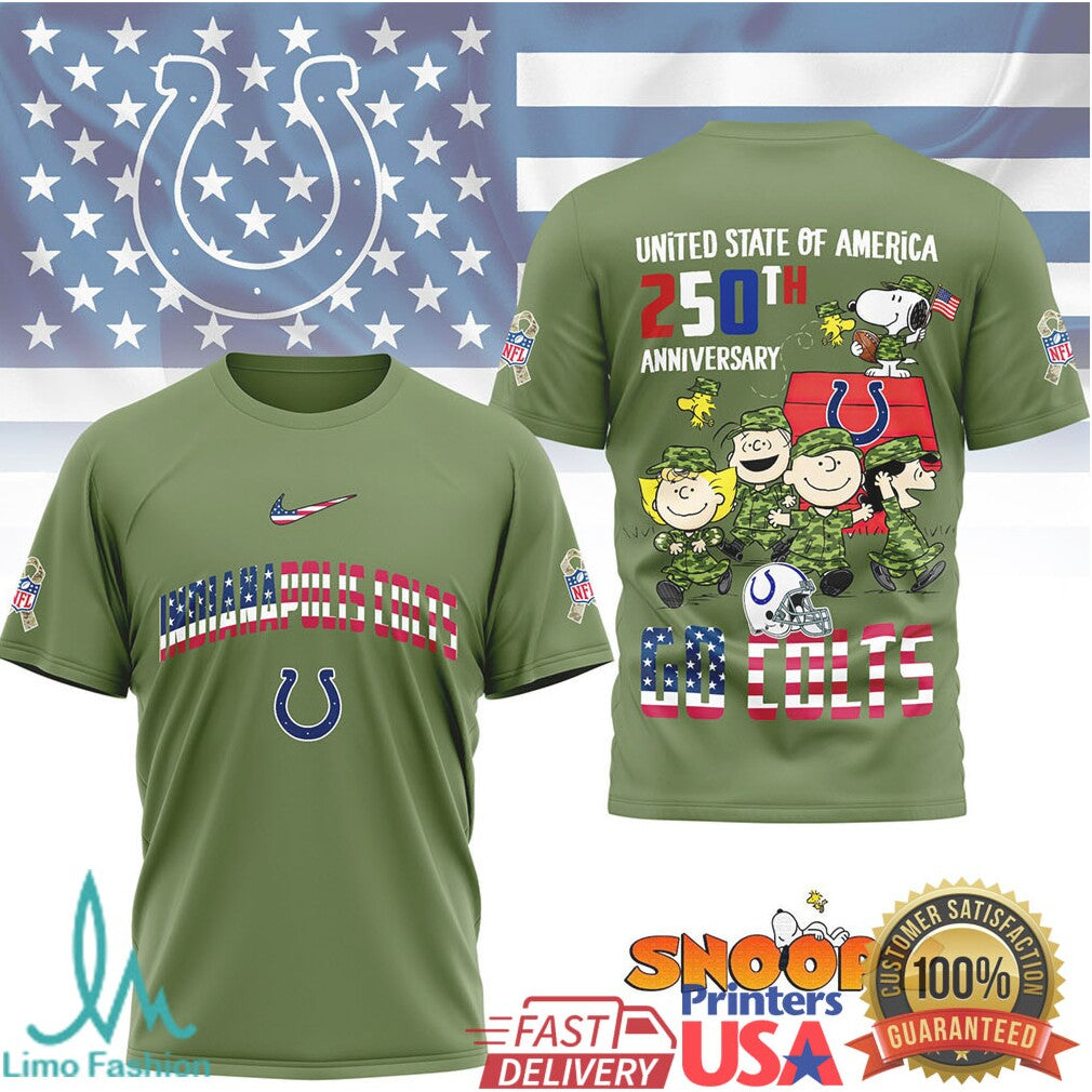 Indianapolis Colts Snoopy 250th Anniversary USA Military Olive T Shirt - Limotees LLC
