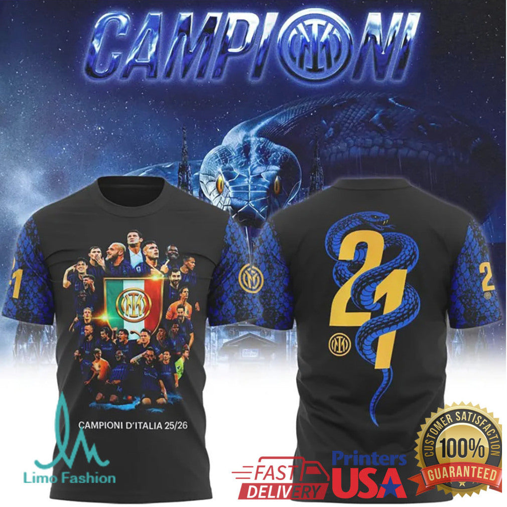 Inter Milan 21st Scudetto Black Gold Snake Campioni D'Italia 25.26 T Shirt - Limotees LLC