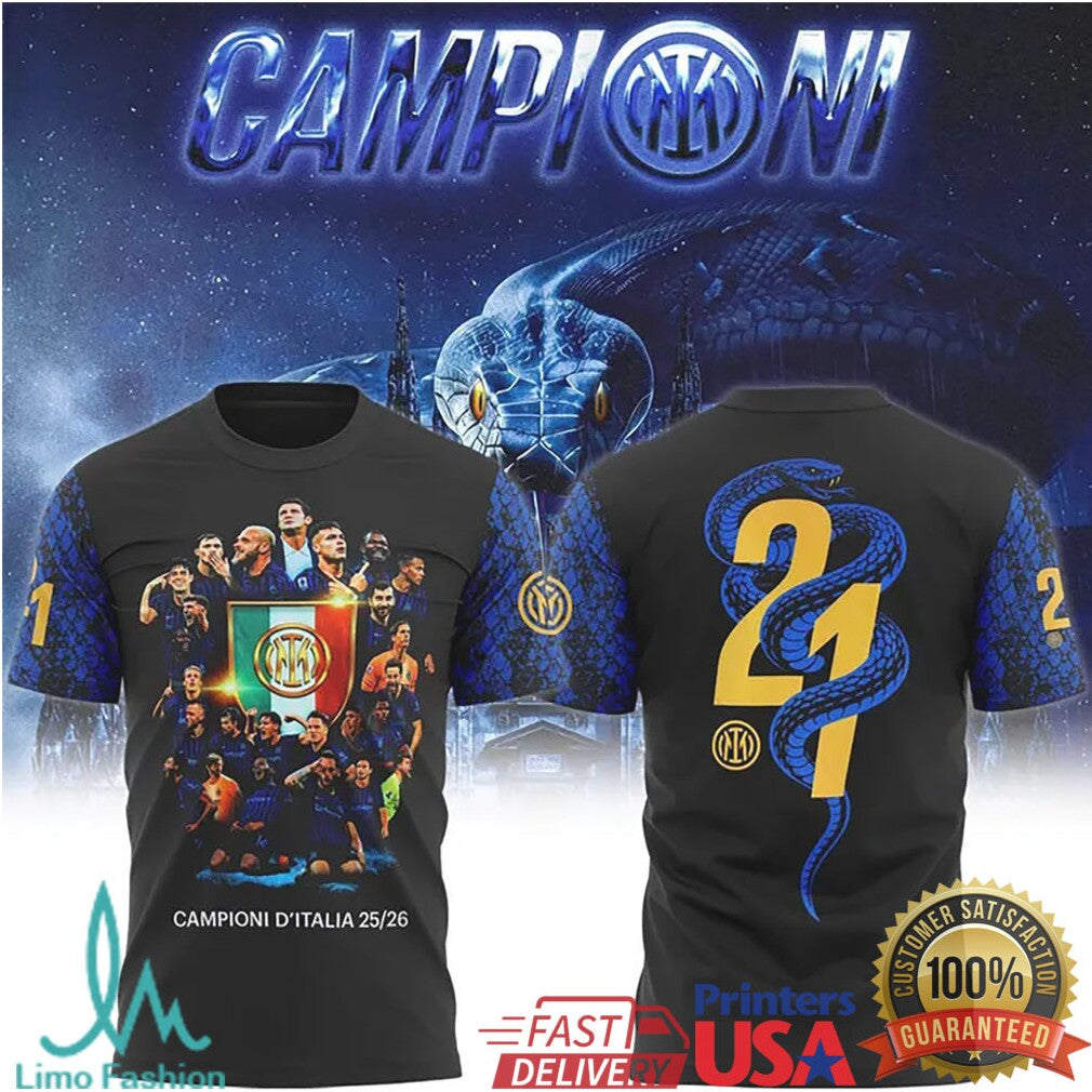 Inter Milan 21st Scudetto Black Gold Snake Campioni D'Italia 25.26 T Shirt - Limotees LLC