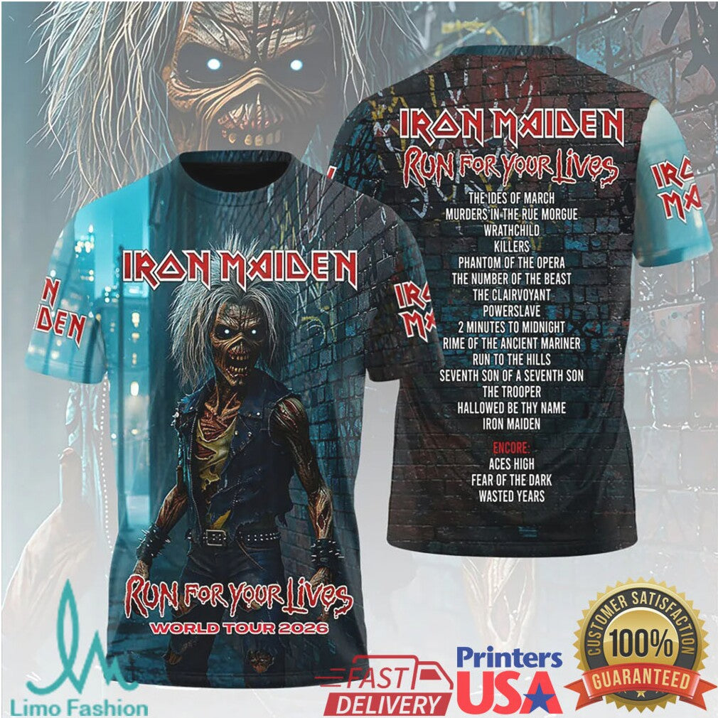 Iron Maiden Eddie Run For Your Lives 2026 Tour Street Style 3D T Shirt - Limotees LLC