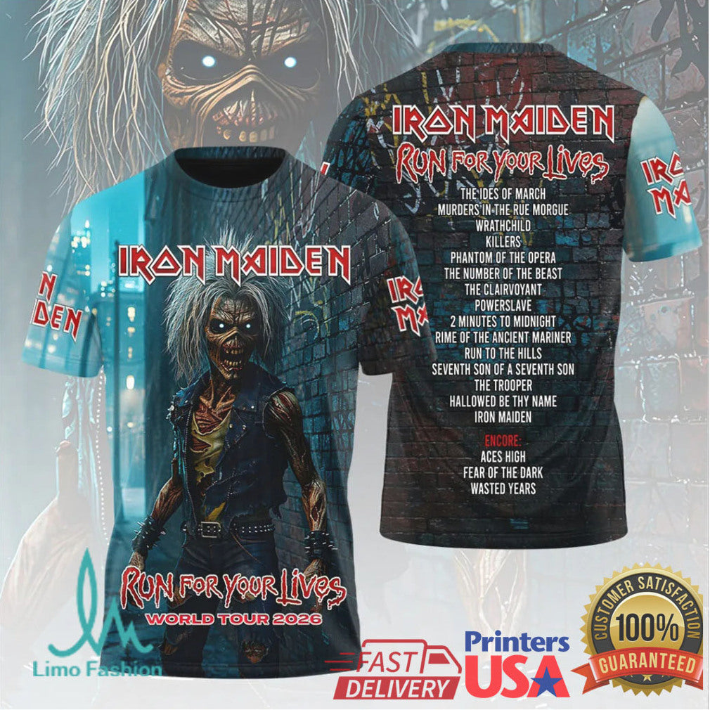 Iron Maiden Eddie Run For Your Lives 2026 Tour Street Style 3D T Shirt - Limotees LLC