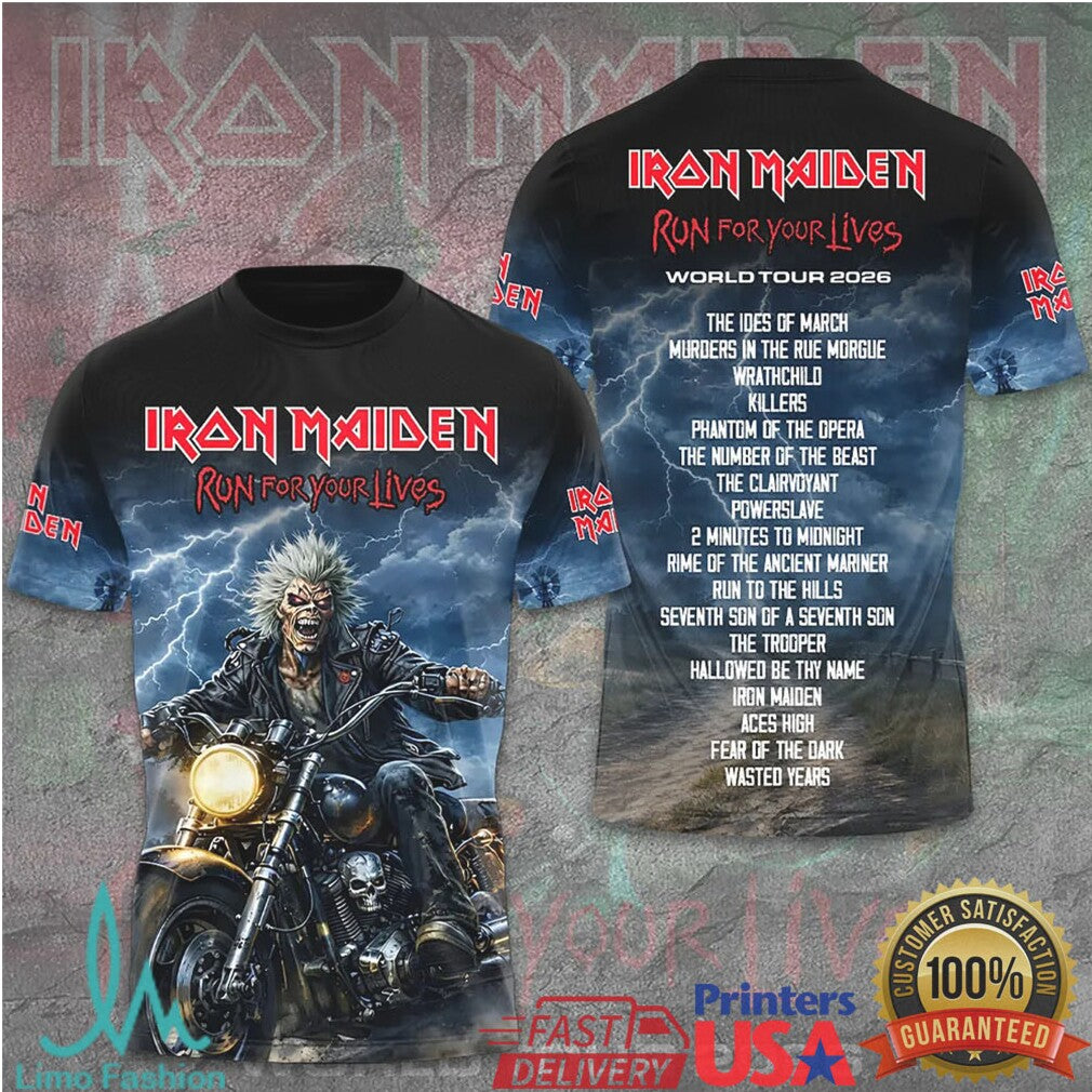 Iron Maiden Run For Your Lives 2026 World Tour Biker Eddie Fans T Shirt