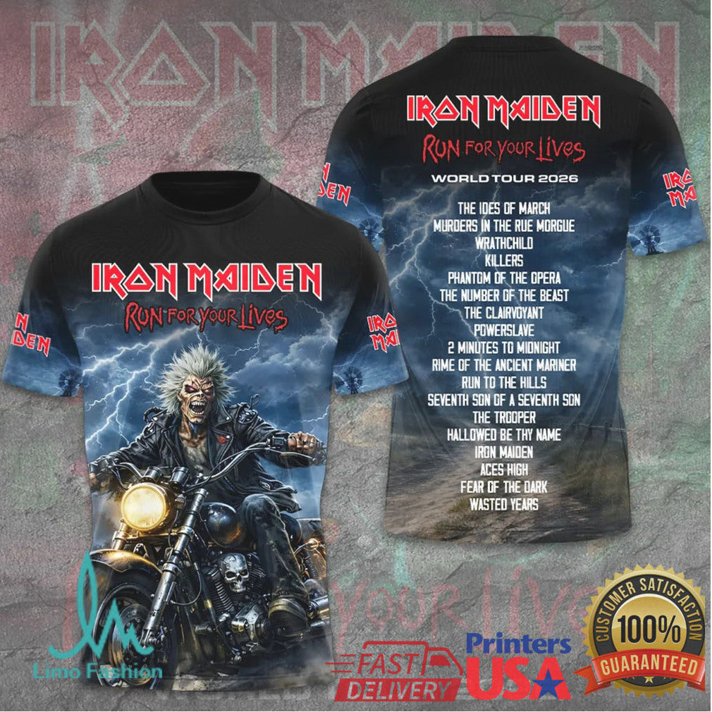 Iron Maiden Run For Your Lives 2026 World Tour Biker Eddie Fans T Shirt