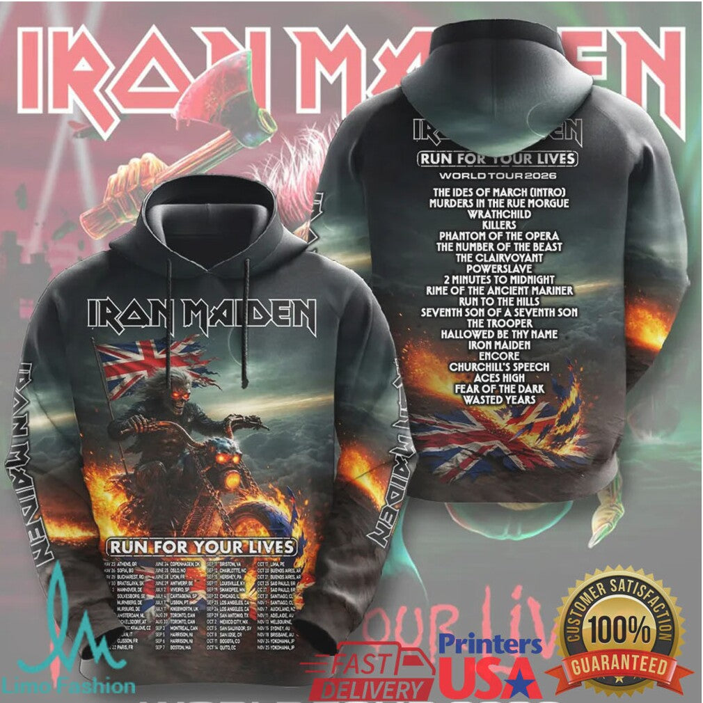 Iron Maiden Run For Your Lives World Tour 2026 3D Concert T Shirt - Limotees LLC