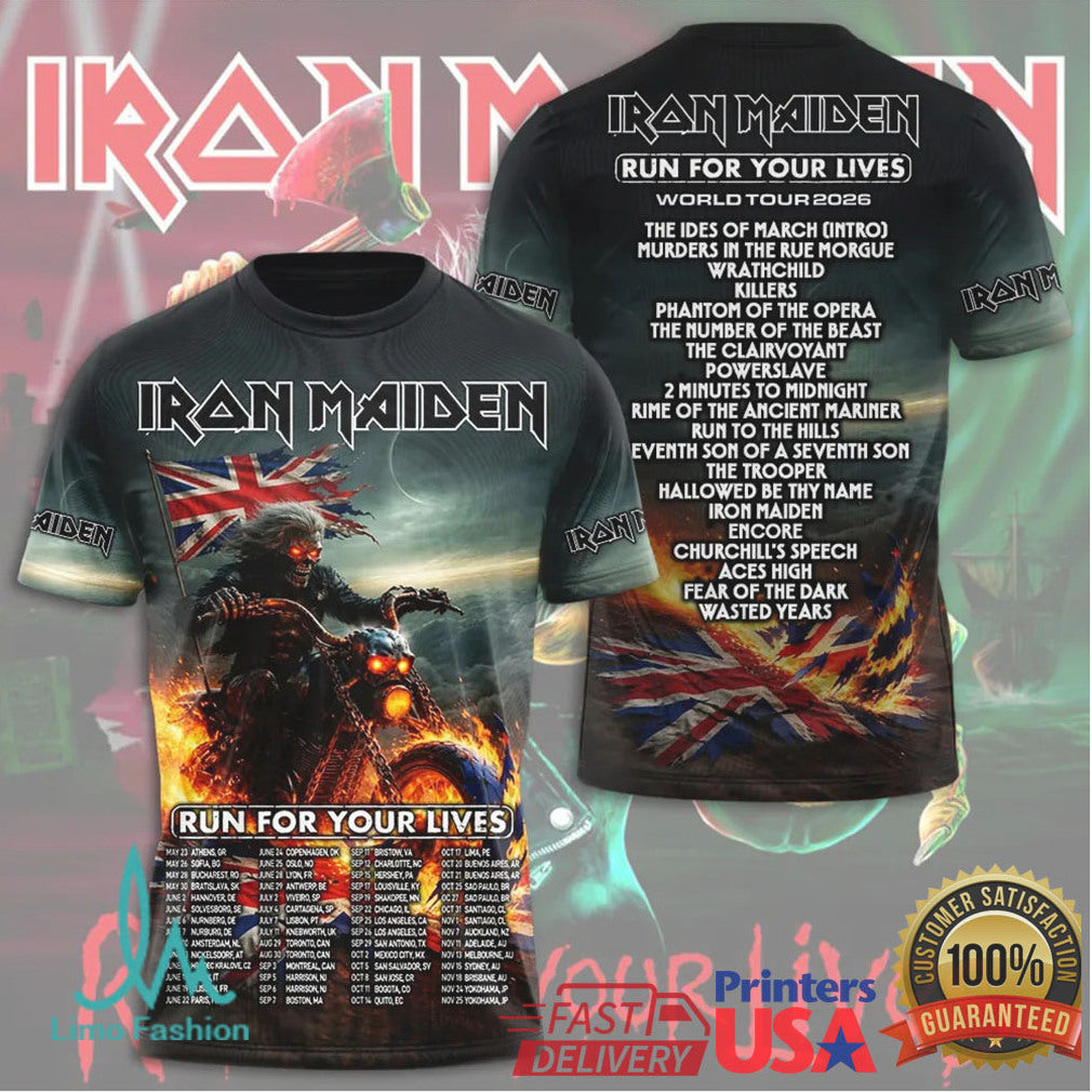 Iron Maiden Run For Your Lives World Tour 2026 3D Concert T Shirt - Limotees LLC