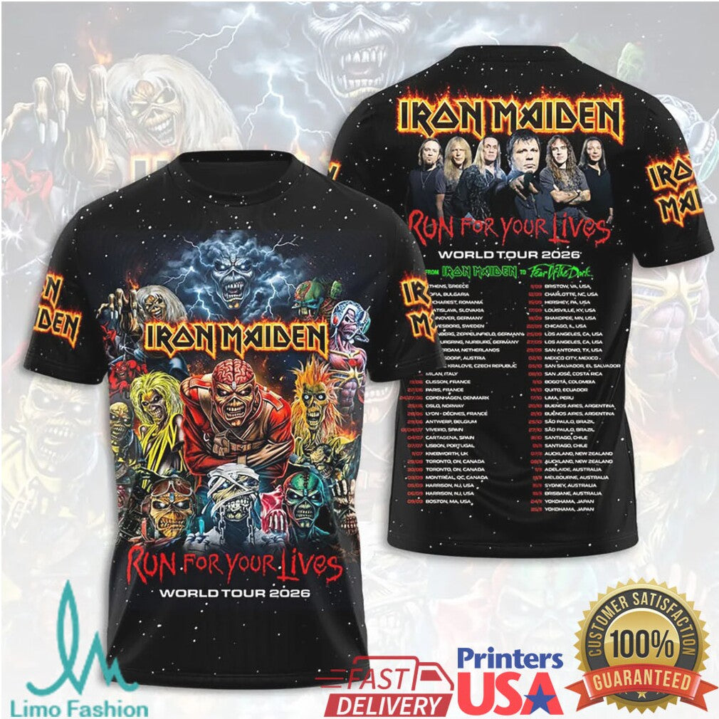 Iron Maiden Run For Your Lives World Tour 2026 Band Members Photo Vintage Men Fans T Shirt