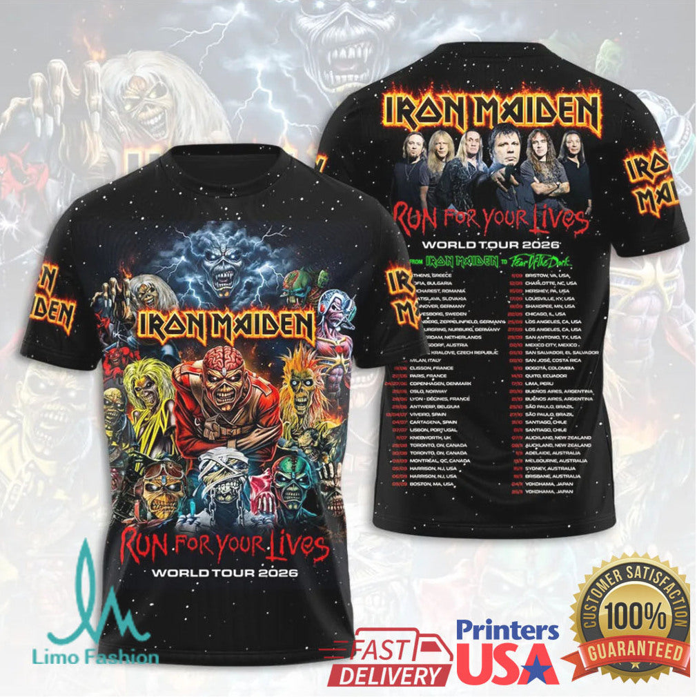 Iron Maiden Run For Your Lives World Tour 2026 Band Members Photo Vintage Men Fans T Shirt