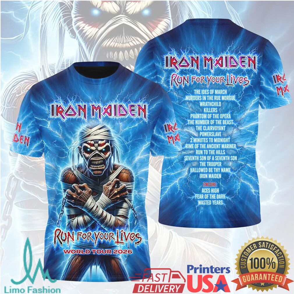 Iron Maiden Run For Your Lives World Tour 2026 Blue Lightning 3D T Shirt - Limotees LLC