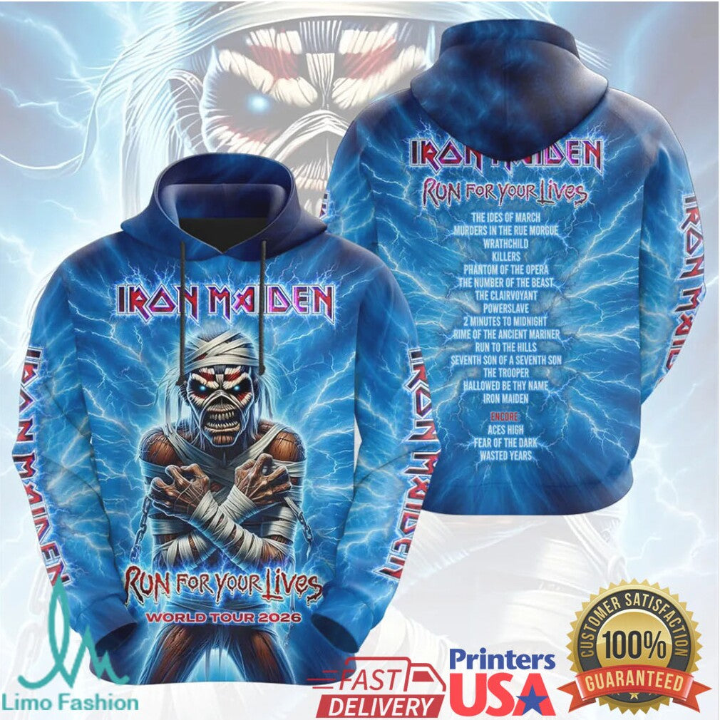 Iron Maiden Run For Your Lives World Tour 2026 Blue Lightning 3D T Shirt - Limotees LLC