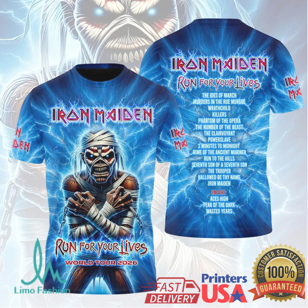 Iron Maiden Run For Your Lives World Tour 2026 Blue Lightning 3D T Shirt - Limotees LLC
