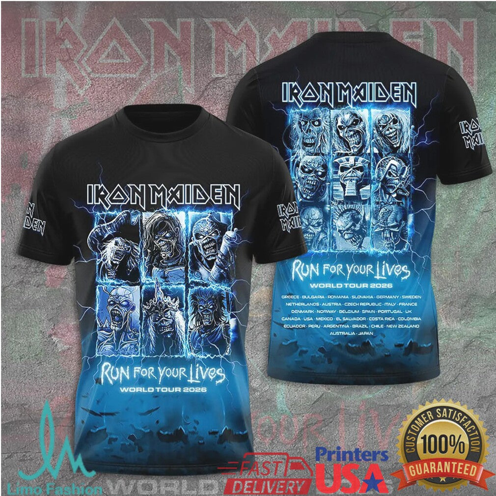 Iron Maiden Run For Your Lives World Tour 2026 Blue Lightning Eddie Fans T Shirt - Limotees LLC