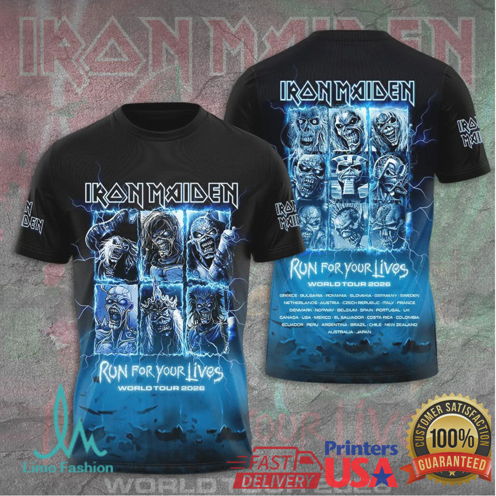 Iron Maiden Run For Your Lives World Tour 2026 Blue Lightning Eddie Fans T Shirt - Limotees LLC