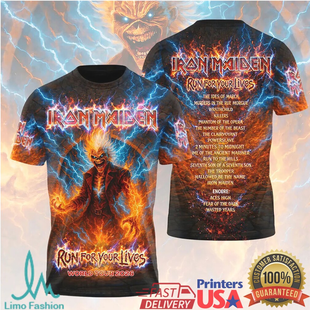 Iron Maiden Run For Your Lives World Tour 2026 Blue Lightning Electric Retro Men Fans T Shirt - Limotees LLC