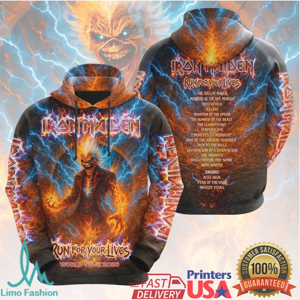 Iron Maiden Run For Your Lives World Tour 2026 Blue Lightning Electric Retro Men Fans T Shirt - Limotees LLC