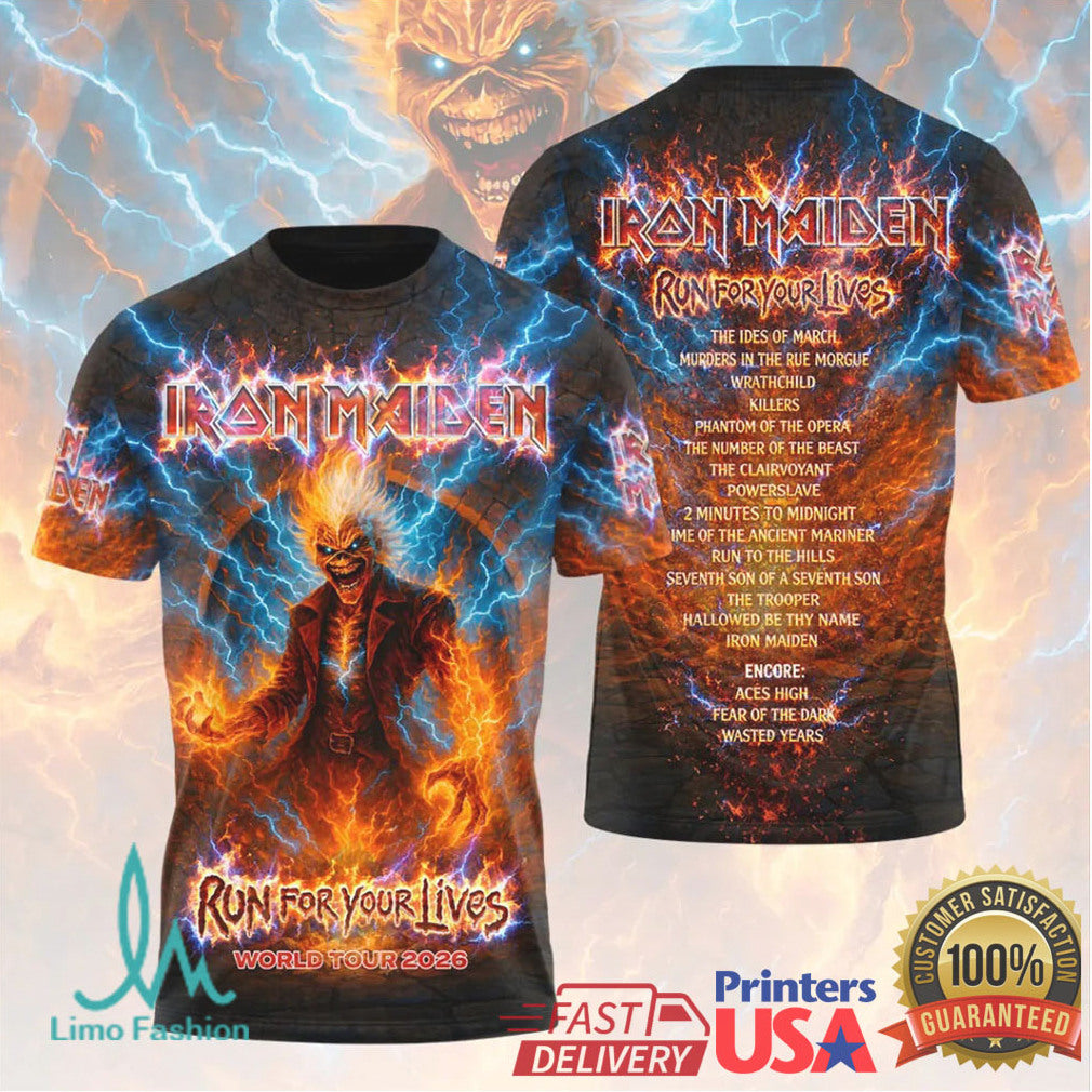 Iron Maiden Run For Your Lives World Tour 2026 Blue Lightning Electric Retro Men Fans T Shirt - Limotees LLC