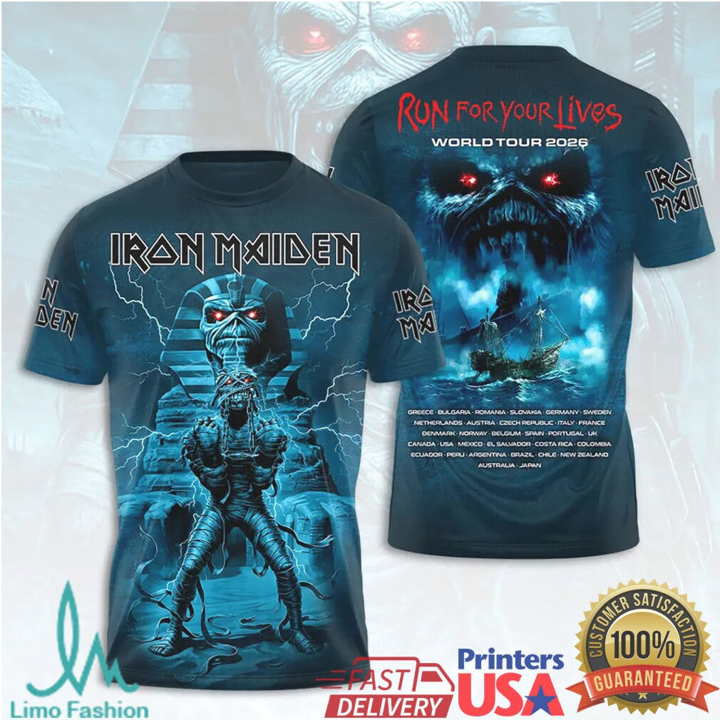 Iron Maiden Run For Your Lives World Tour 2026 Egyptian Mummy Sphinx Retro Men Fans T Shirt