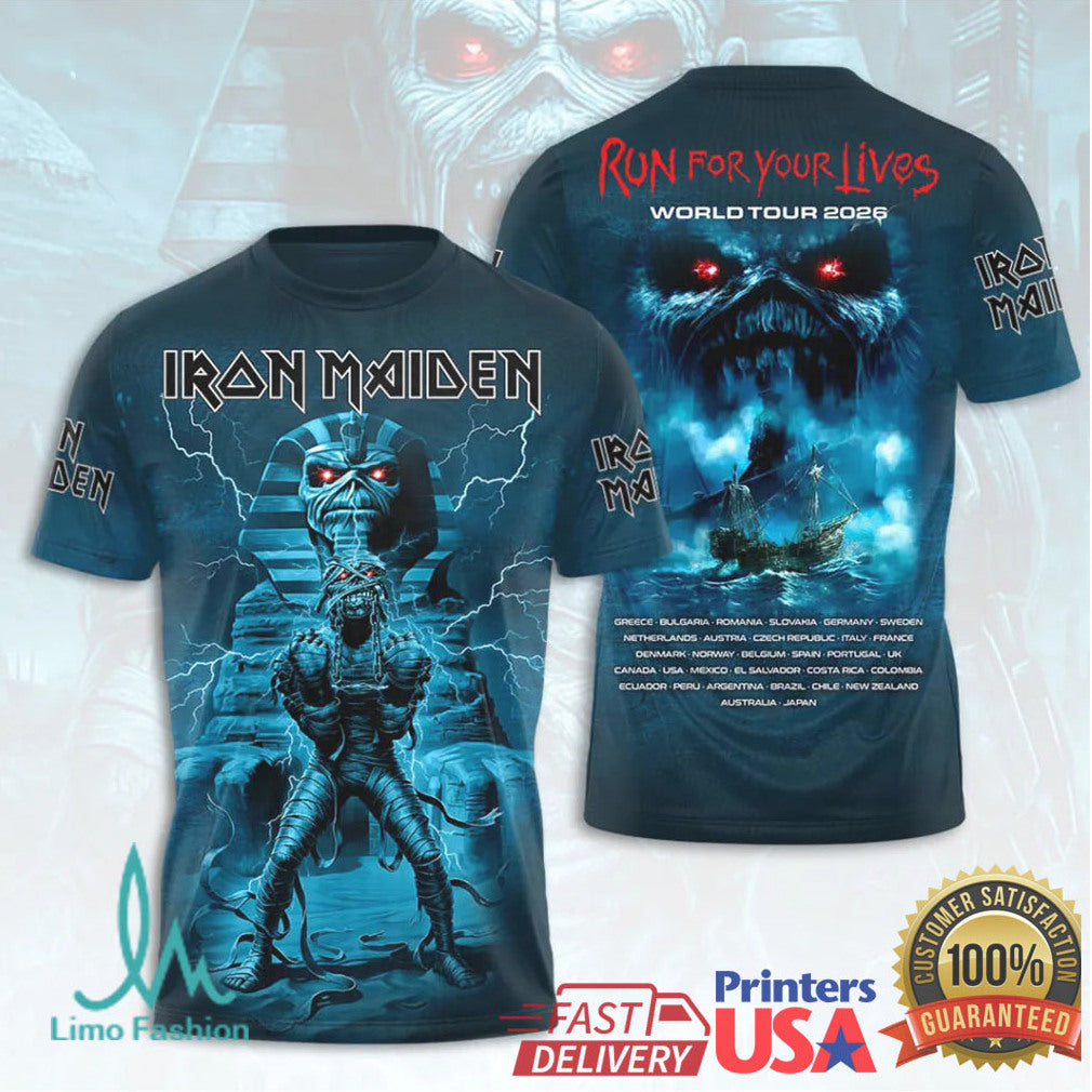 Iron Maiden Run For Your Lives World Tour 2026 Egyptian Mummy Sphinx Retro Men Fans T Shirt