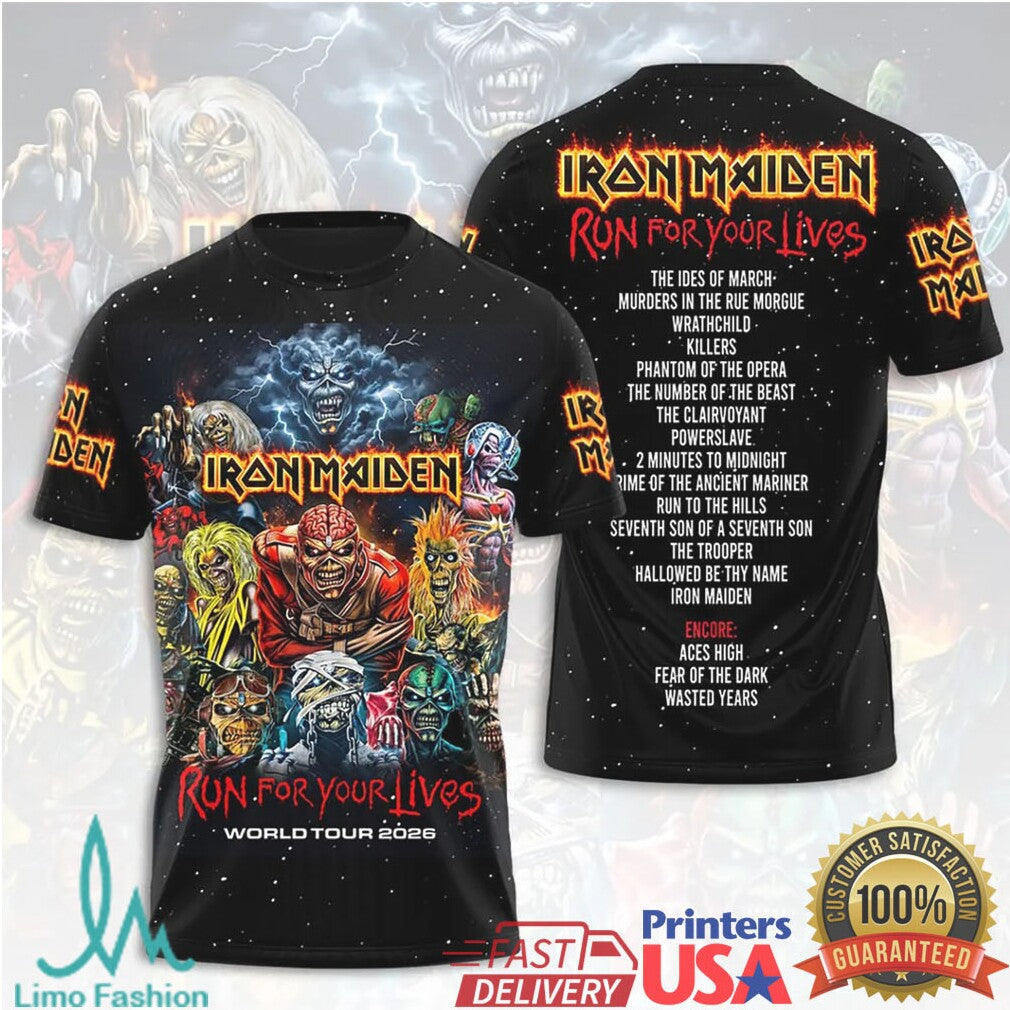 Iron Maiden Run For Your Lives World Tour 2026 Multi Eddie Faces Vintage Men Fans T Shirt - Limotees LLC