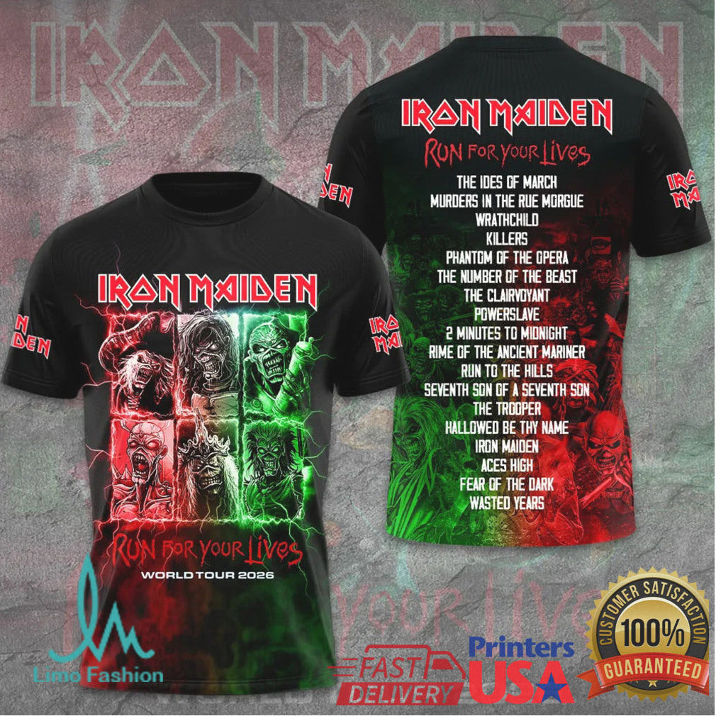 Iron Maiden Run For Your Lives World Tour 2026 Red Green Eddie Fans T Shirt - Limotees LLC