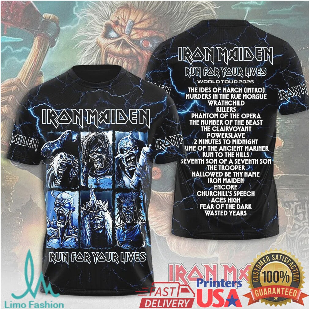 Iron Maiden Run For Your Lives World Tour 2026 Setlist Blue Lightning Fans T Shirt - Limotees LLC