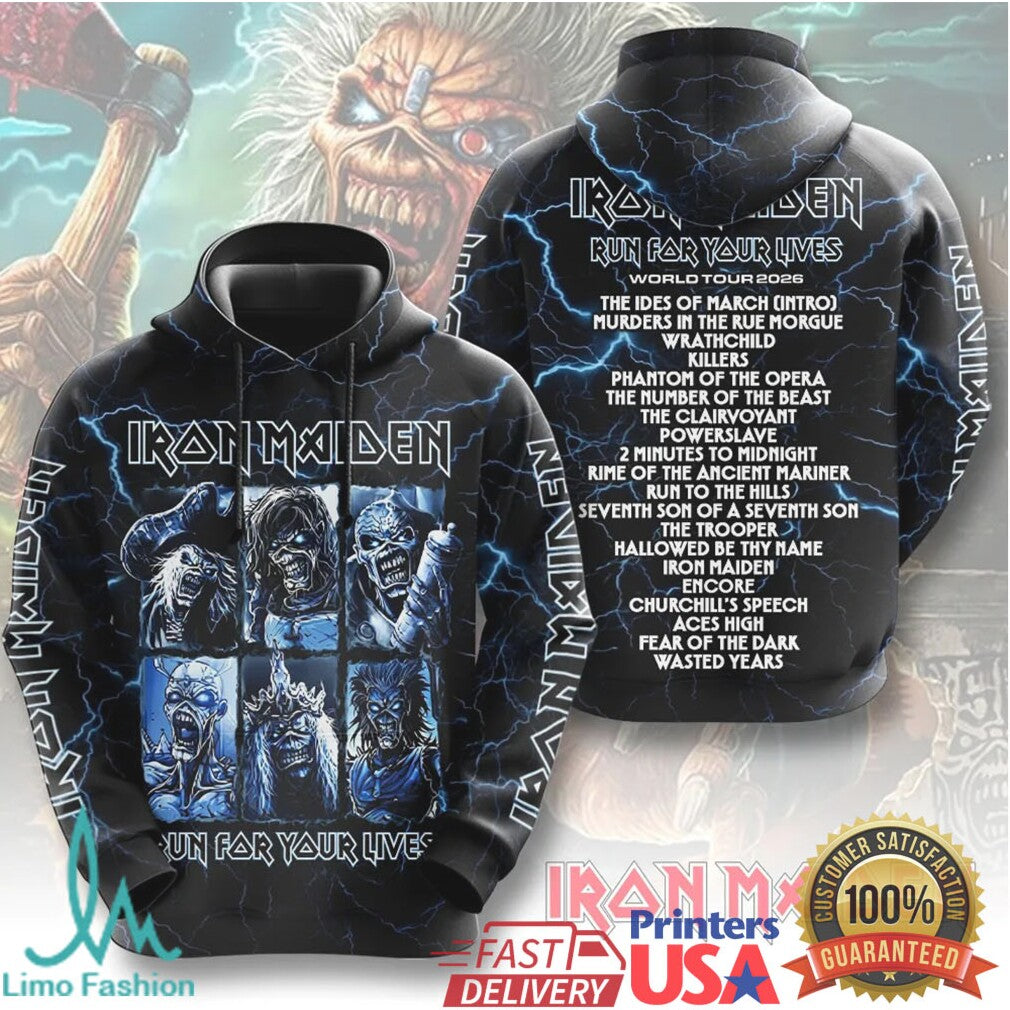 Iron Maiden Run For Your Lives World Tour 2026 Setlist Blue Lightning Fans T Shirt - Limotees LLC