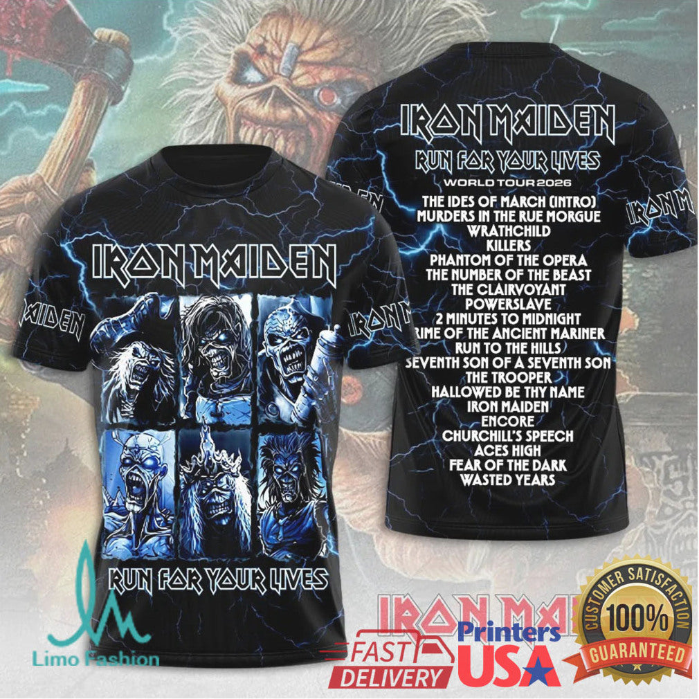 Iron Maiden Run For Your Lives World Tour 2026 Setlist Blue Lightning Fans T Shirt - Limotees LLC