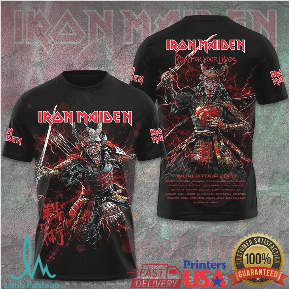 Iron Maiden Senjutsu Samurai Eddie Run For Your Lives 2026 World Tour Men T Shirt - Limotees LLC