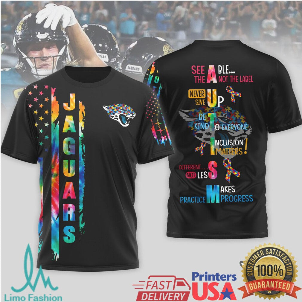 Jacksonville Jaguars Autism Awareness T Shirt Never Give Up Rainbow Ribbon T Shirt