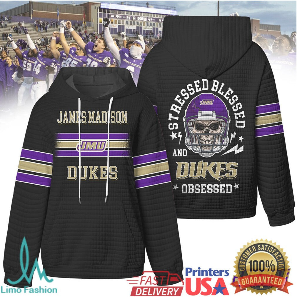 James Madison JMU Dukes Stressed Blessed and Obsessed Football Skull T Shirt - Limotees LLC