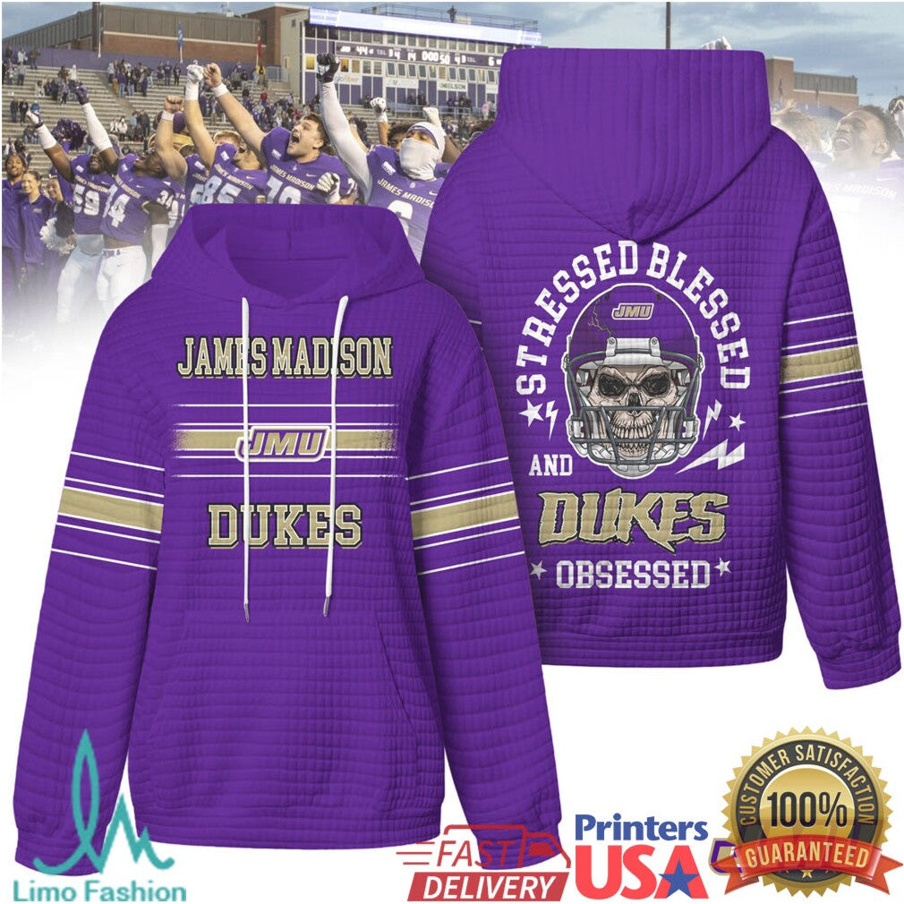 James Madison JMU Dukes Stressed Blessed and Obsessed Football Skull T Shirt - Limotees LLC
