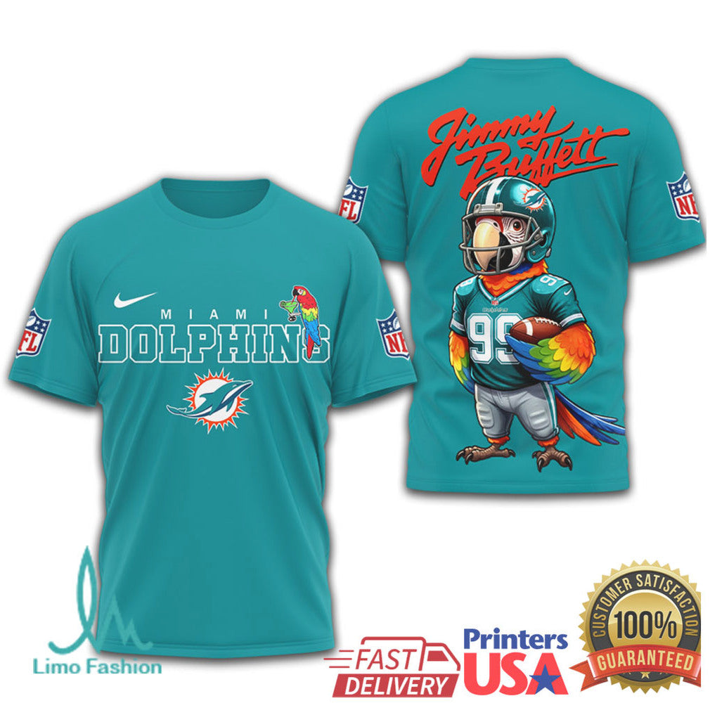 Jimmy Buffett x Miami Dolphins Fins Up Parrot NFL Tee - Limotees LLC