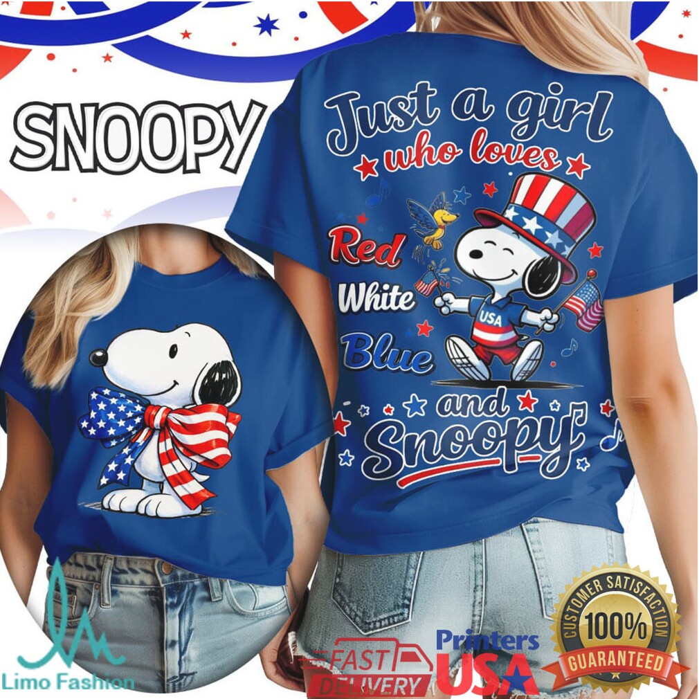 Just a Girl Who Loves Red White Blue and Snoopy Patriotic Bow T Shirt - Limotees LLC
