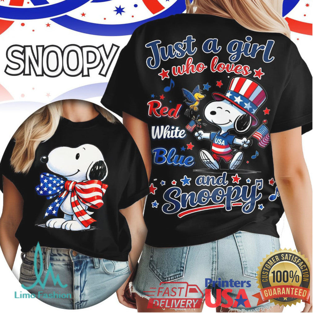 Just a Girl Who Loves Red White Blue and Snoopy Patriotic Bow T Shirt - Limotees LLC
