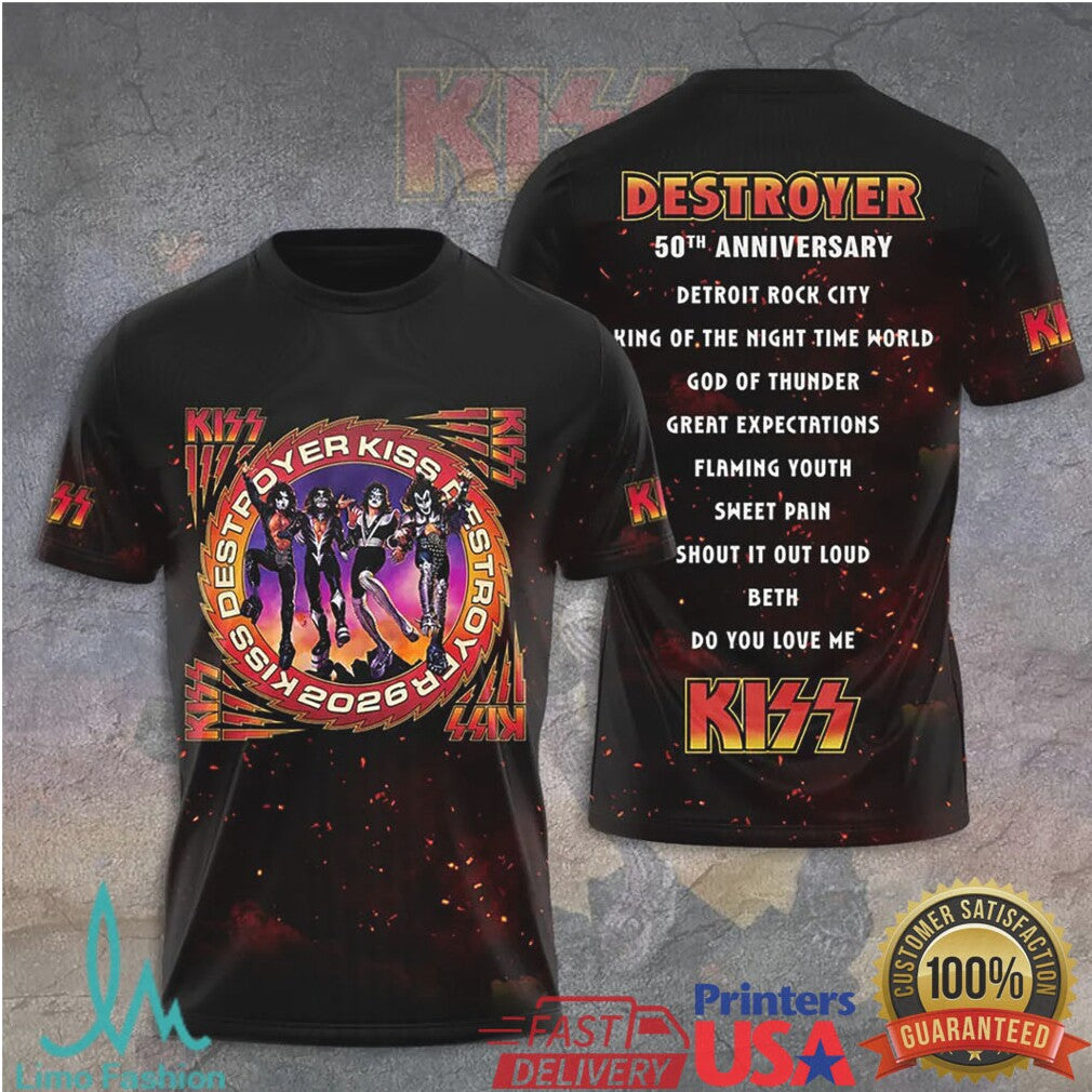 KISS Destroyer 2026 Anniversary Band Members Fire Graphic Apparel T Shirt - Limotees LLC