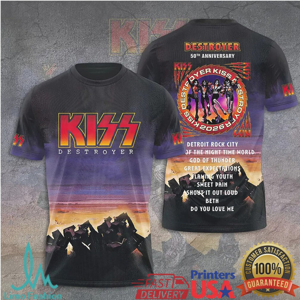 KISS Destroyer 50th Anniversary Limited Edition Sunset Graphic T Shirt - Limotees LLC