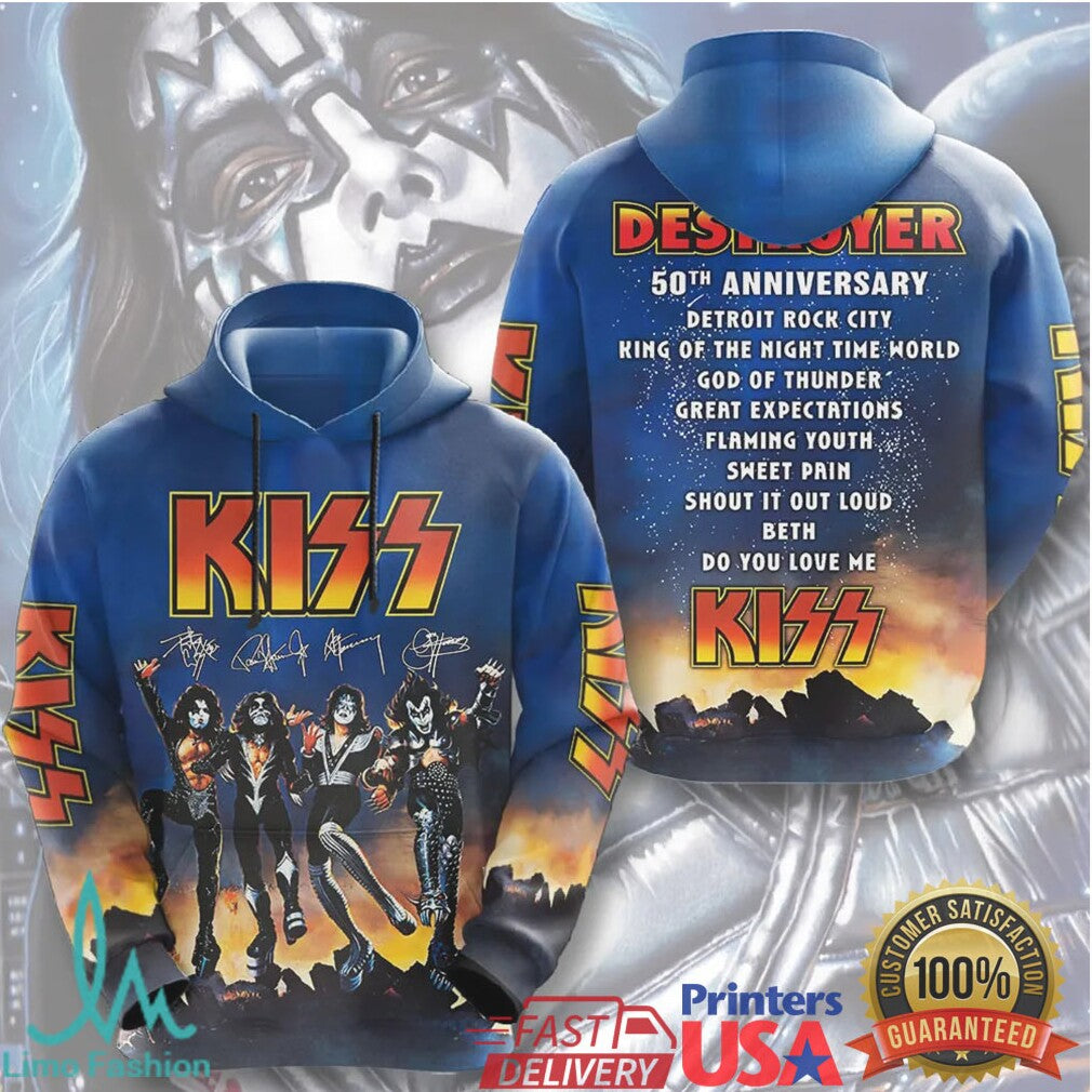 KISS Destroyer 50th Anniversary Tour 2026 Retro Rock Band Signature Blue Fans T Shirt - Limotees LLC