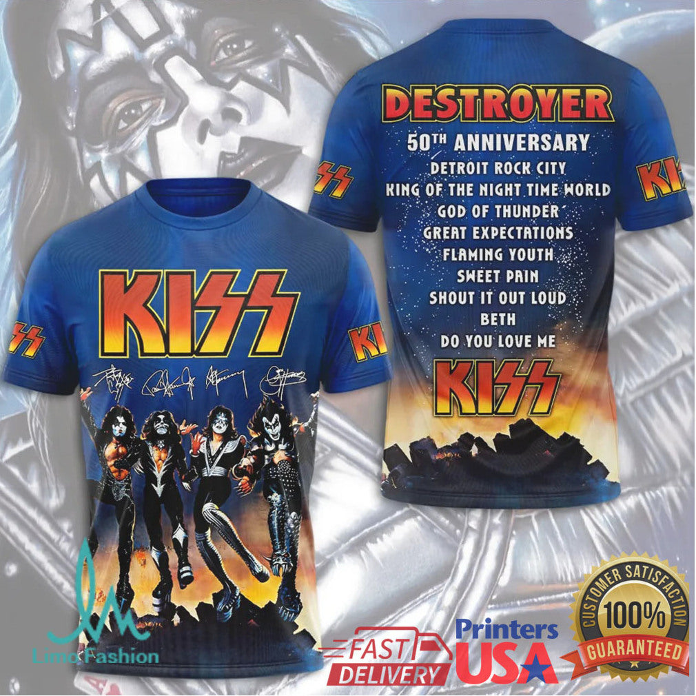KISS Destroyer 50th Anniversary Tour 2026 Retro Rock Band Signature Blue Fans T Shirt - Limotees LLC