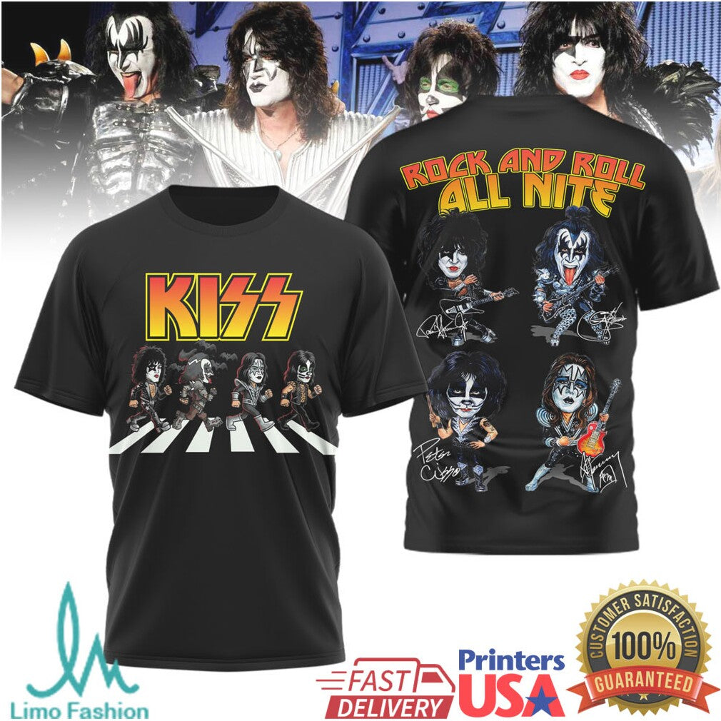 KISS Rock and Roll All Nite Cartoon Abbey Road Parody T Shirt - Limotees LLC