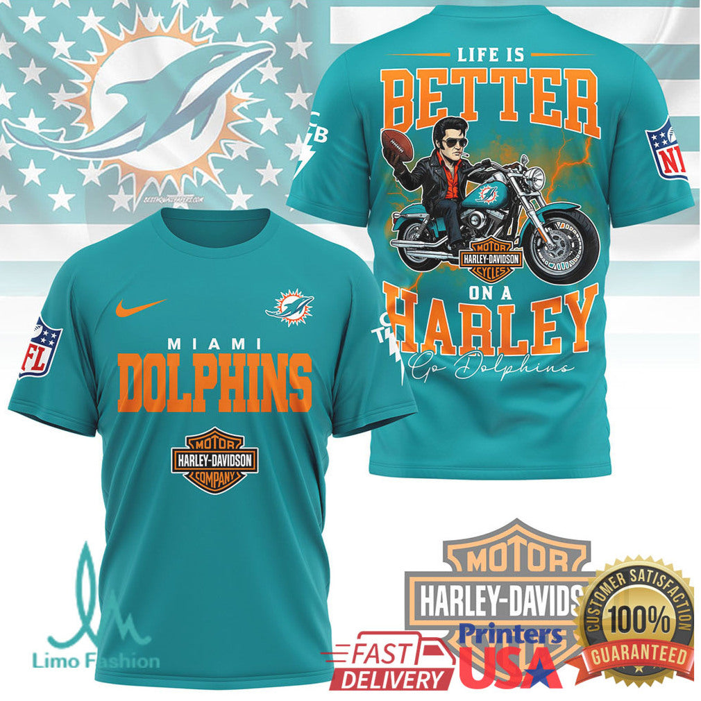Miami Dolphins Official NFL Elvis Presley Harley Davidson 3D Shirt - Limotees LLC