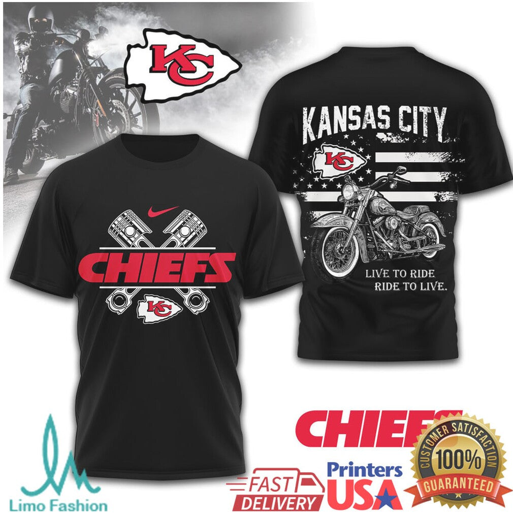 Kansas City Chiefs Biker T Shirt Live to Ride Motorcycle Design - Limotees LLC