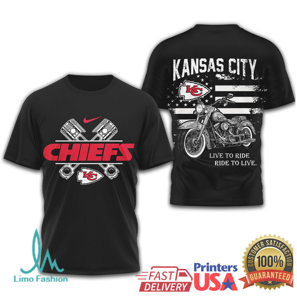 Kansas City Chiefs Biker T Shirt Live to Ride Motorcycle Design - Limotees LLC