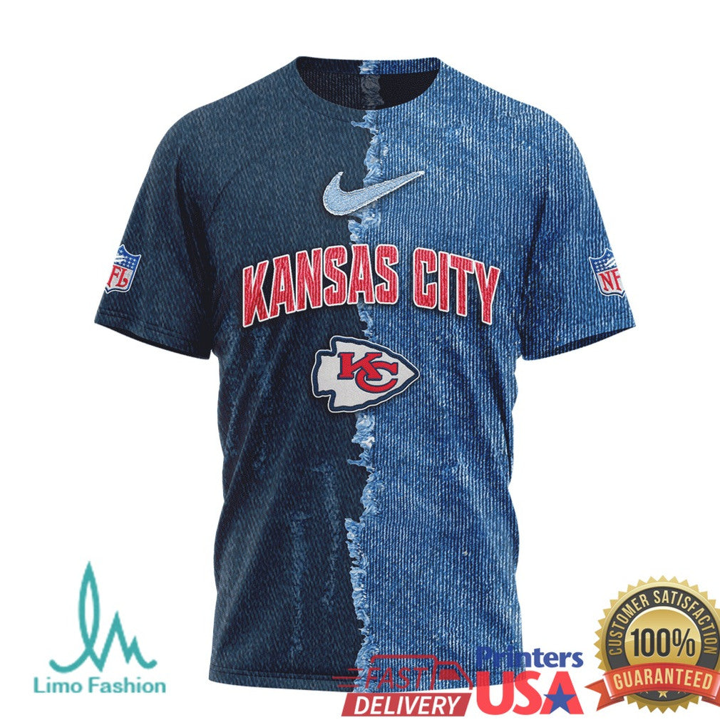 Kansas City Chiefs Custom Name & Number Ripped Denim Style 3D NFL T Shirt - Limotees LLC