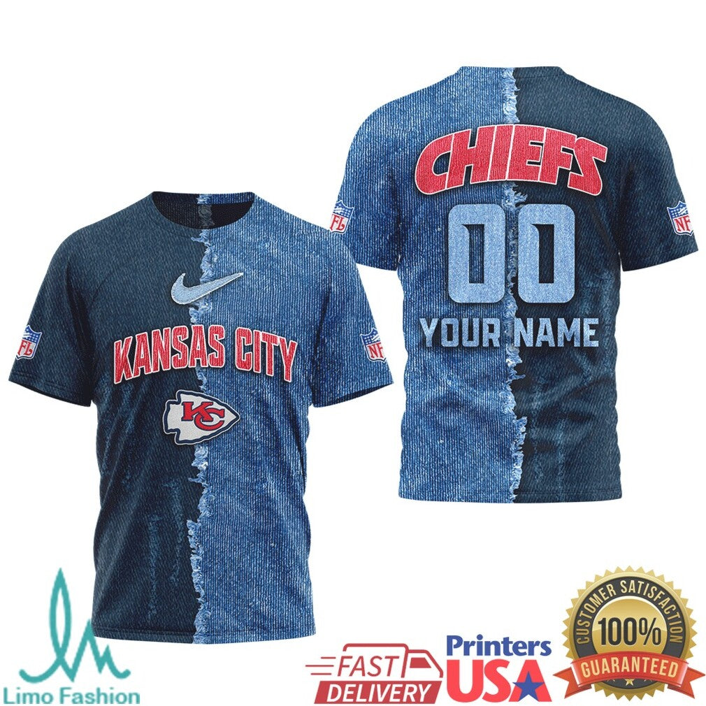 Kansas City Chiefs Custom Name & Number Ripped Denim Style 3D NFL T Shirt - Limotees LLC