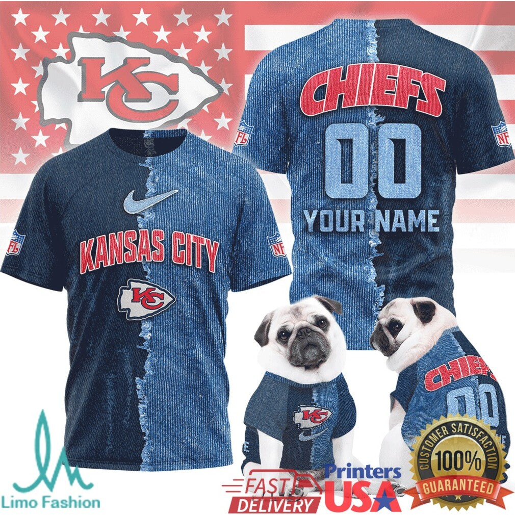 Kansas City Chiefs Custom Name & Number Ripped Denim Style 3D NFL T Shirt - Limotees LLC