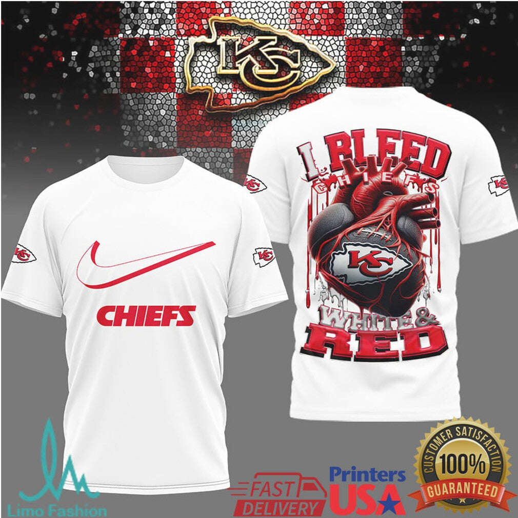 Kansas City Chiefs “I Bleed White & Red” Heart Fan T Shirt - Limotees LLC
