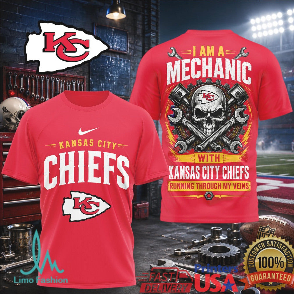 Kansas City Chiefs Mechanic Skull Pistons T Shirt - Limotees LLC