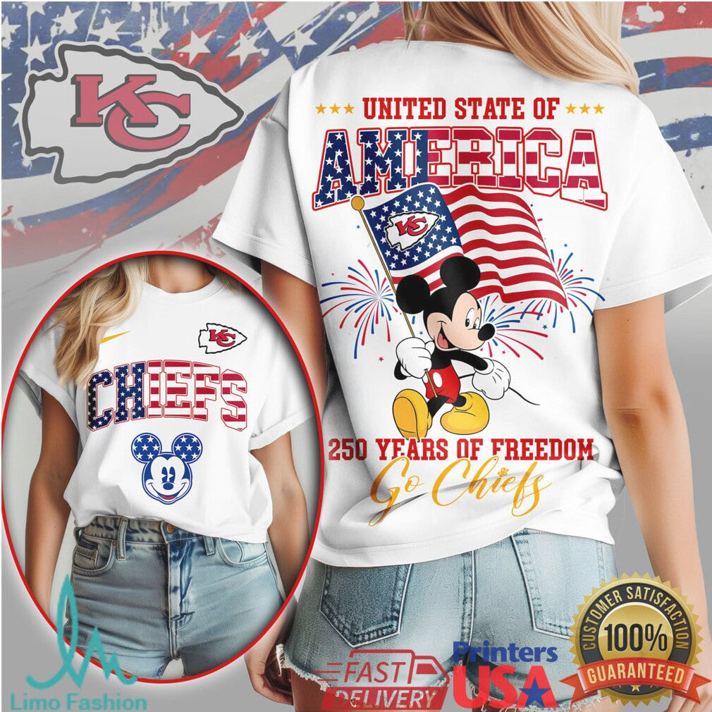 Kansas City Chiefs Mickey Mouse United State of America 250 Years of Freedom T Shirt - Limotees LLC