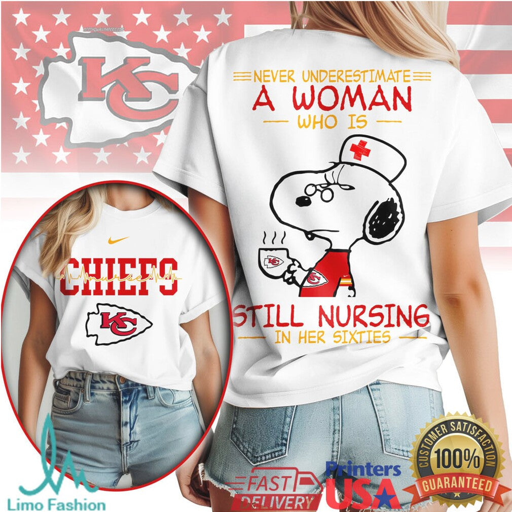 Kansas City Chiefs Nursing T Shirt Never Underestimate A Woman In Her Sixties Snoopy T Shirt - Limotees LLC